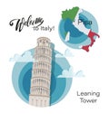 Map of Italy. Pisa. Leaning Tower. Set.